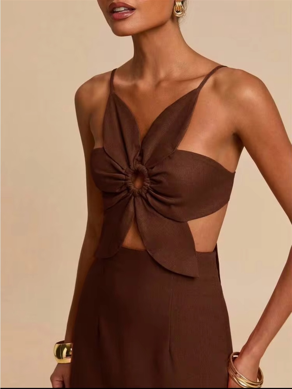 New Dark Brown Petal Backless Strap Dress - Picture 3 of 7